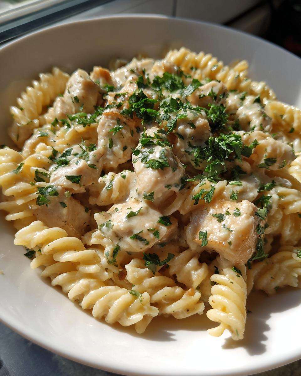 Close-up of fusilli pasta and chicken pieces coated in a creamy garlic parmesan sauce and topped with fresh parsley.