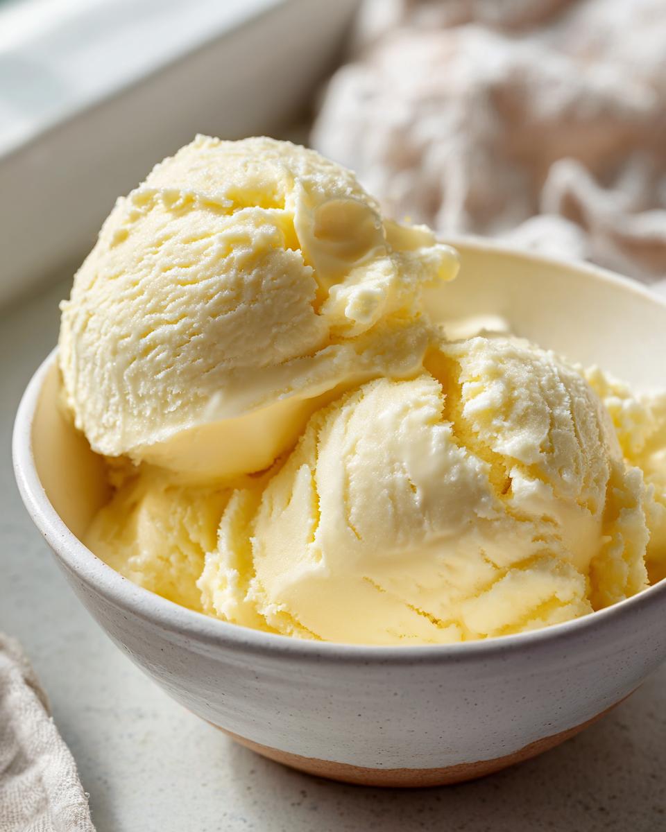 Close-up of three scoops of creamy, pale yellow homemade vanilla pudding in a rustic white bowl.
