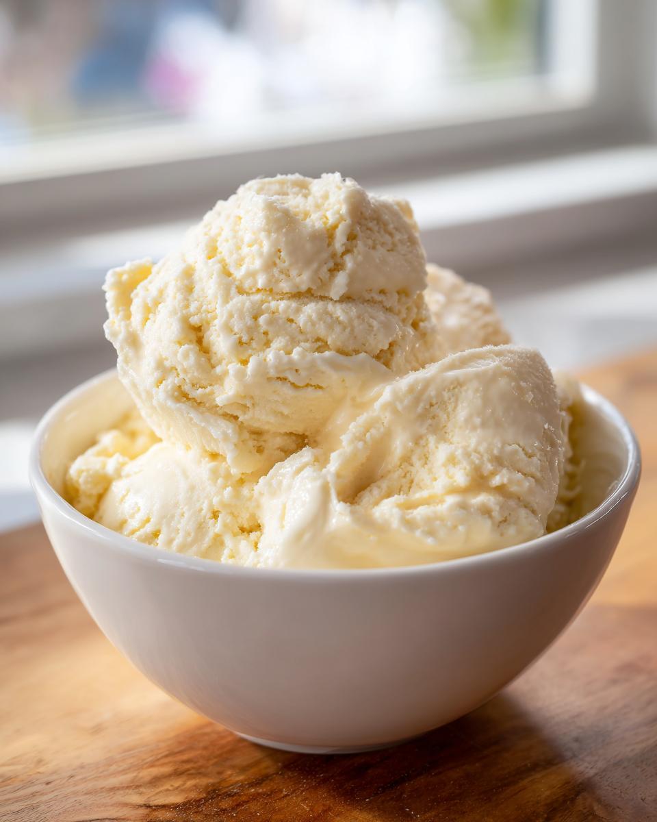 Three scoops of creamy, pale yellow homemade vanilla pudding served in a white bowl.