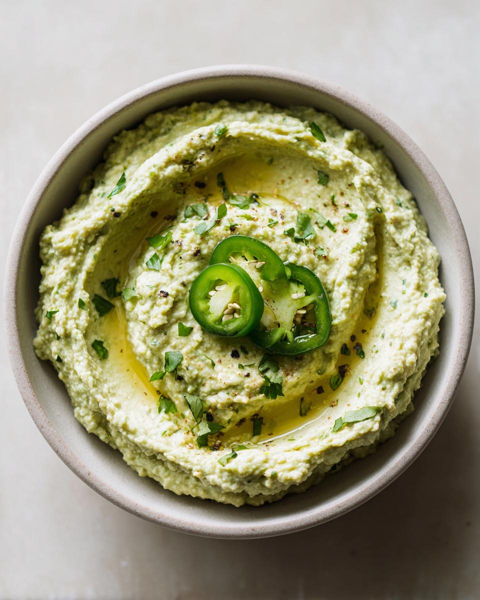 Overhead view of a bowl filled with vibrant, creamy jalapeño hummus, drizzled with olive oil and topped with fresh jalapeño slices.