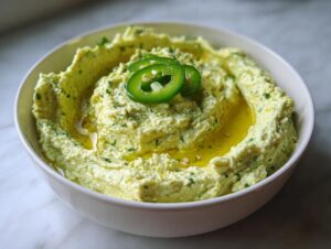 A white bowl filled with vibrant, thick creamy jalapeño hummus, drizzled with olive oil and topped with fresh jalapeño slices.