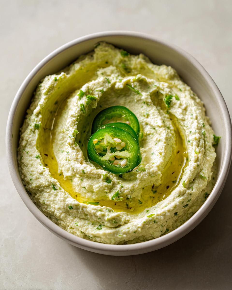 Overhead view of a bowl filled with vibrant creamy jalapeño hummus, drizzled with olive oil and topped with two jalapeño slices.