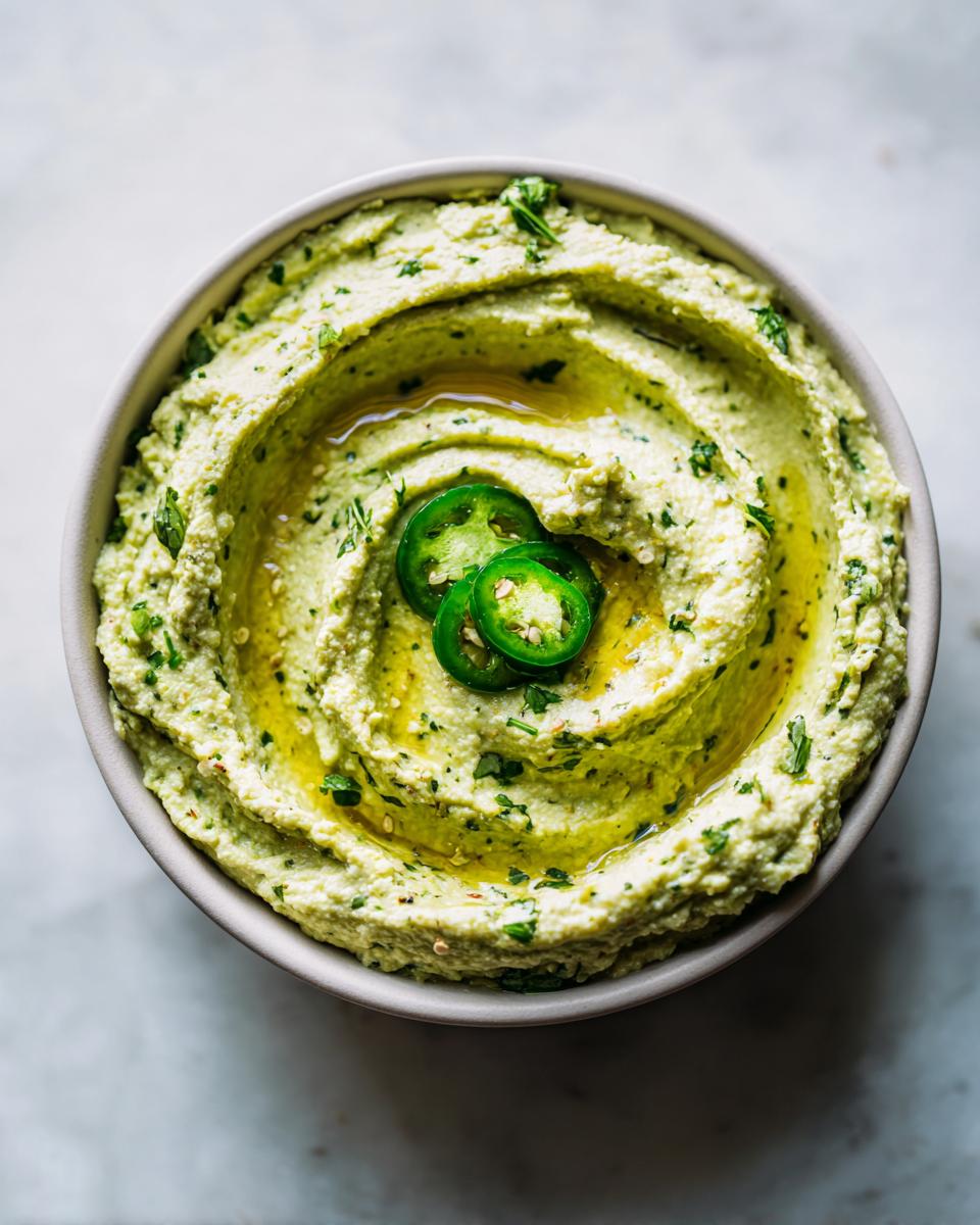 Overhead view of a bowl of vibrant, creamy jalapeño hummus garnished with olive oil and sliced jalapeños.