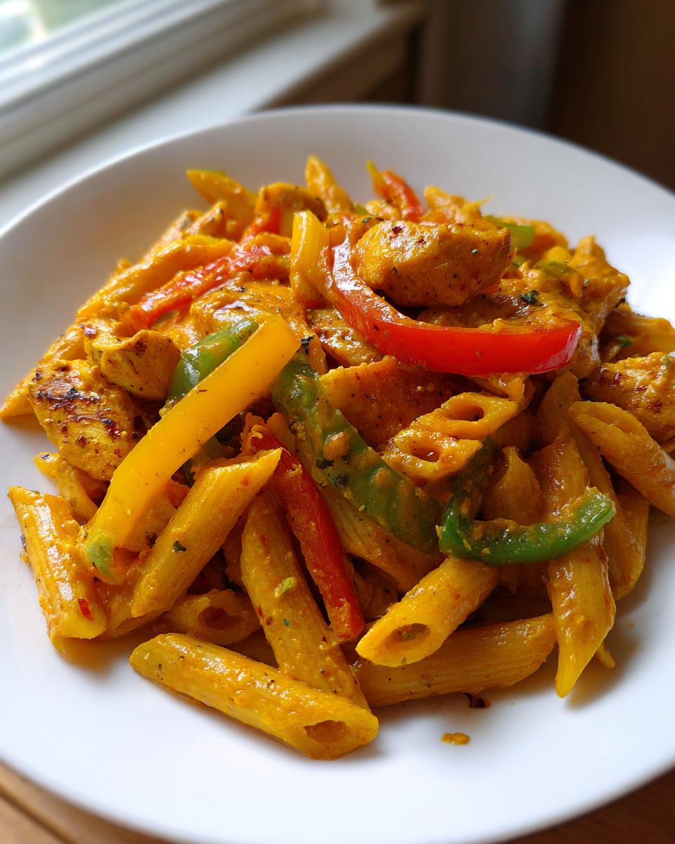 A close-up of creamy jerk chicken rasta pasta featuring penne pasta, chicken pieces, and colorful bell peppers in a rich orange sauce.