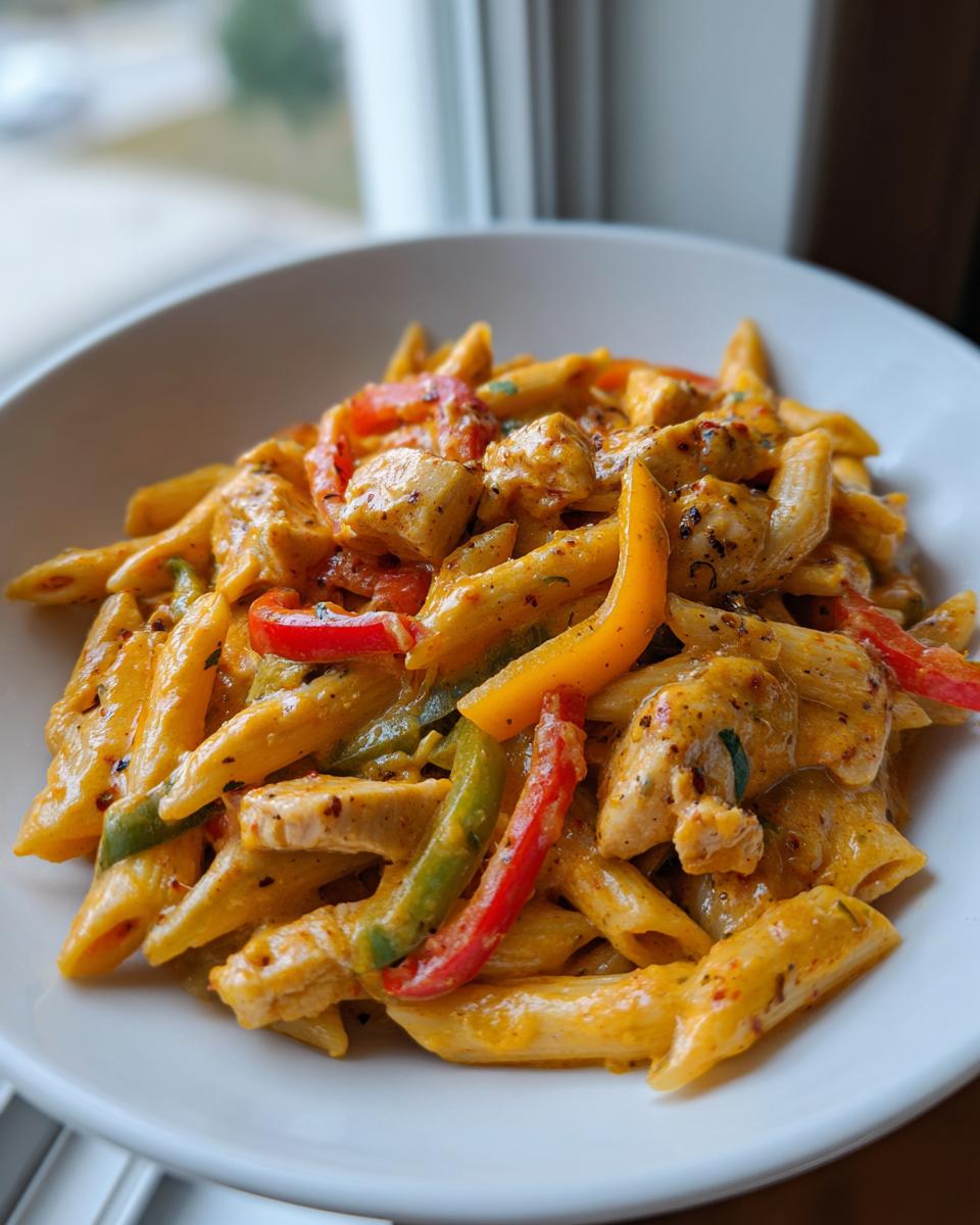 A close-up view of a white bowl filled with creamy jerk chicken rasta pasta, featuring penne, chicken chunks, and colorful bell peppers.