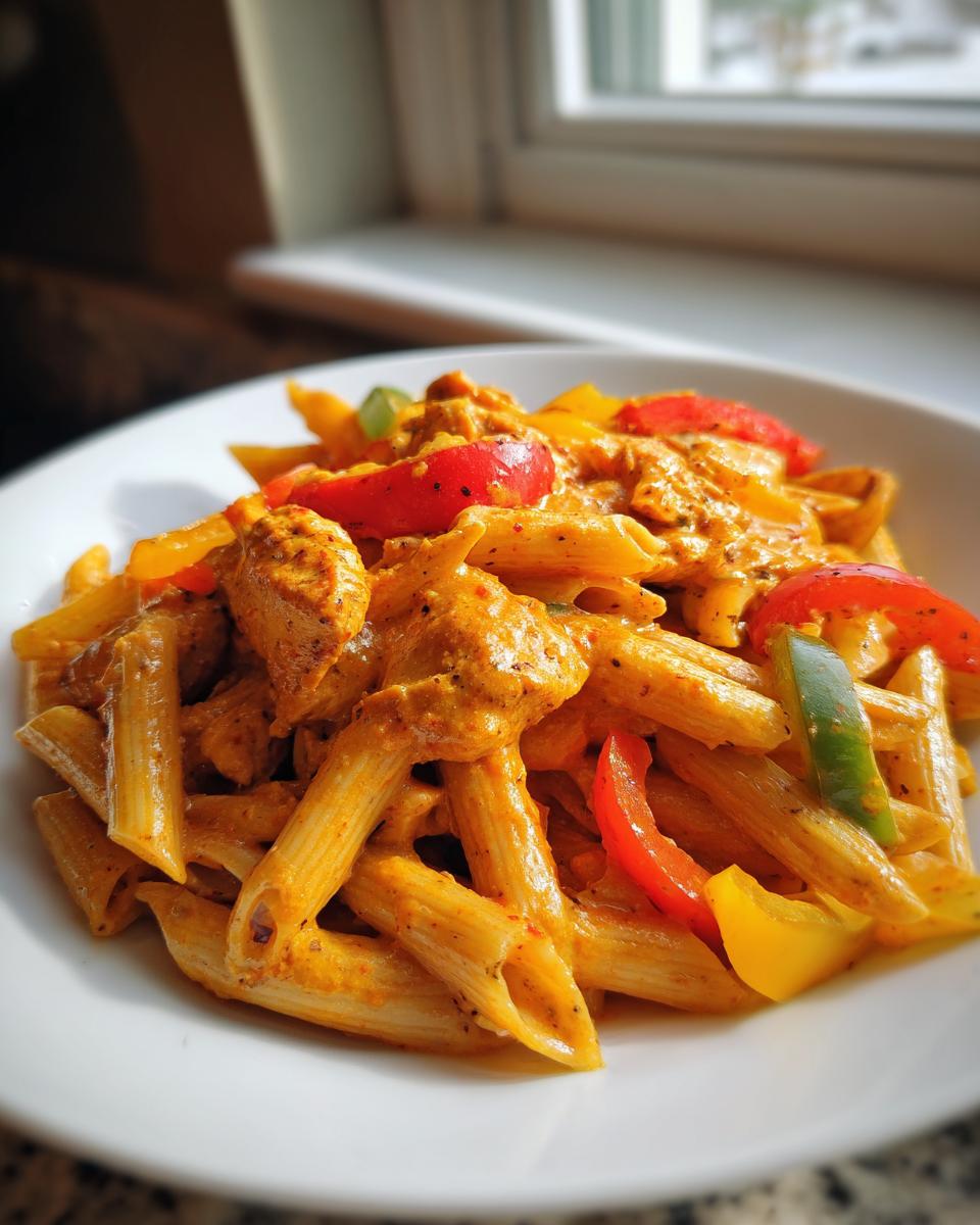 Close-up of a white bowl filled with creamy jerk chicken rasta pasta featuring penne, chicken pieces, and colorful bell peppers.