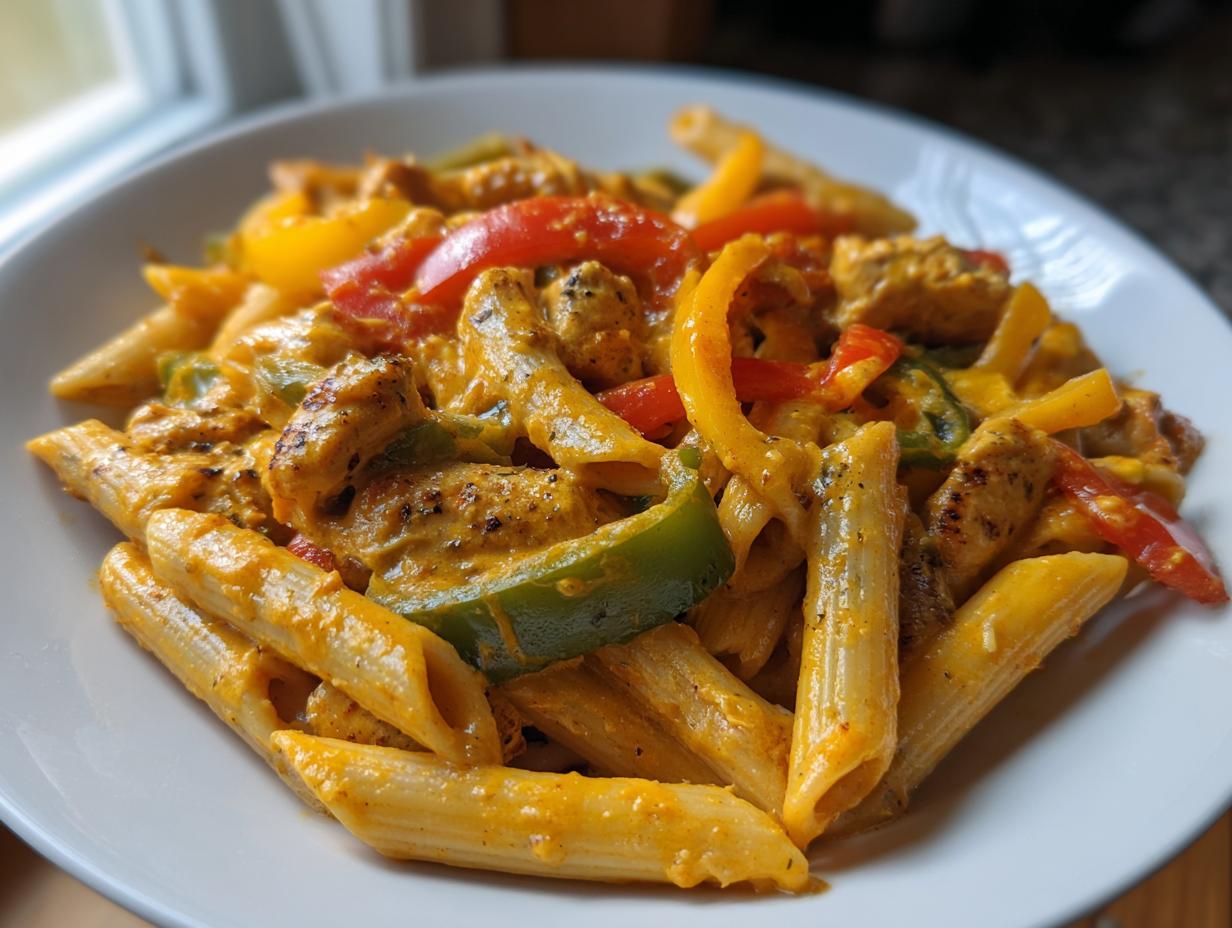 Close-up of a white bowl filled with creamy jerk chicken rasta pasta featuring penne, chicken pieces, and colorful bell peppers.