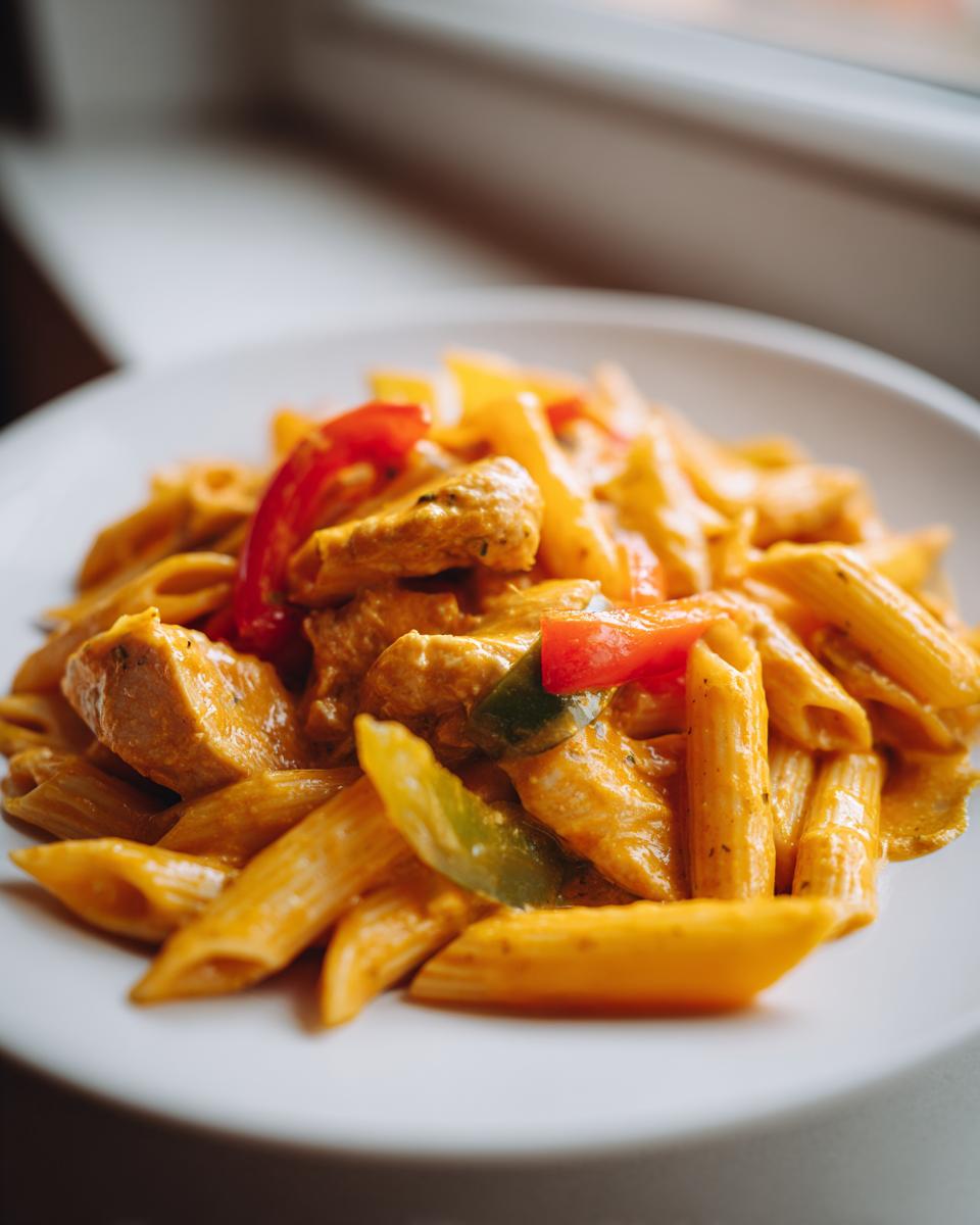 Close-up of creamy jerk chicken rasta pasta featuring penne coated in a rich orange sauce with chunks of chicken and bell peppers.