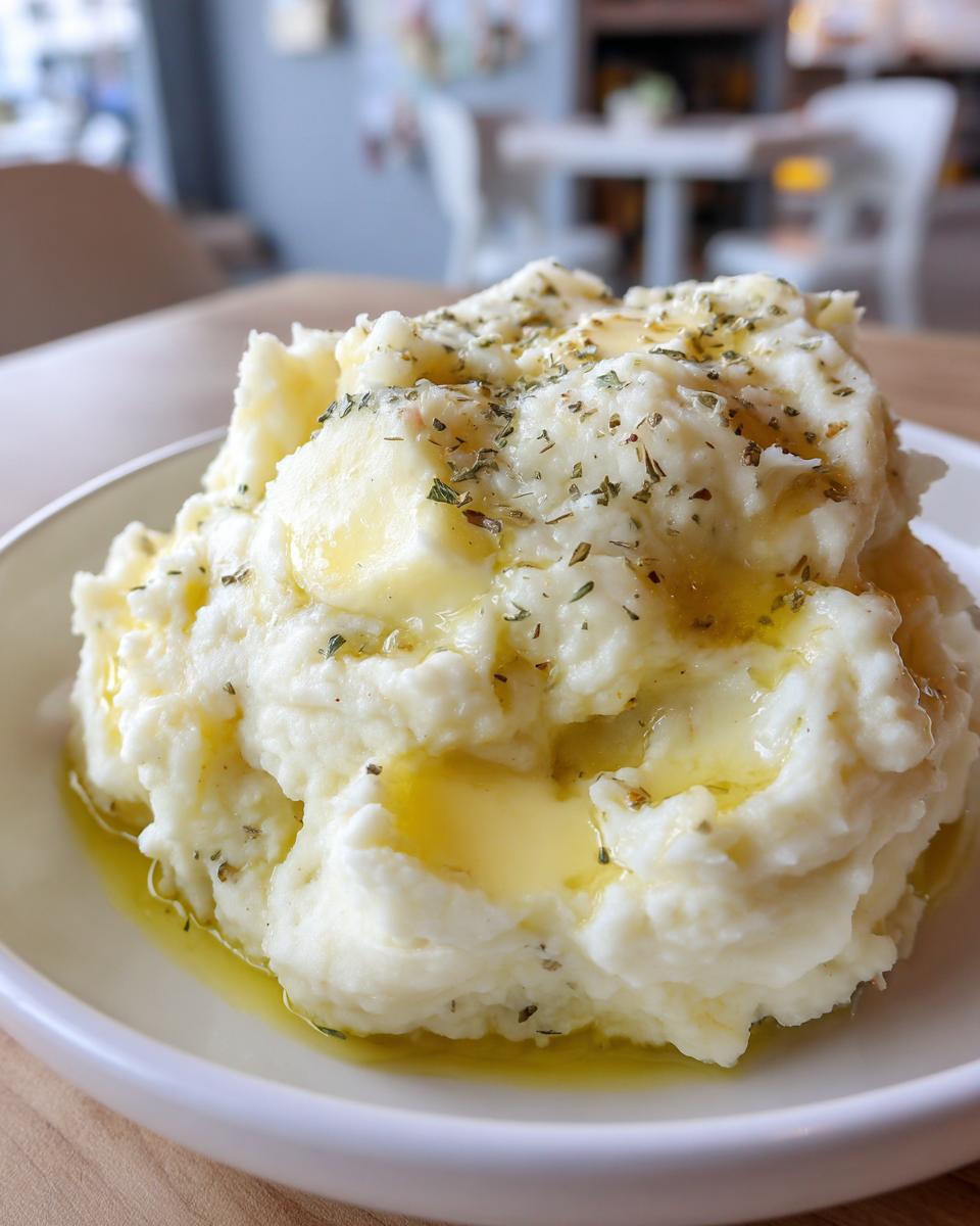 A generous serving of creamy mashed potatoes topped with melting butter and dried herbs.