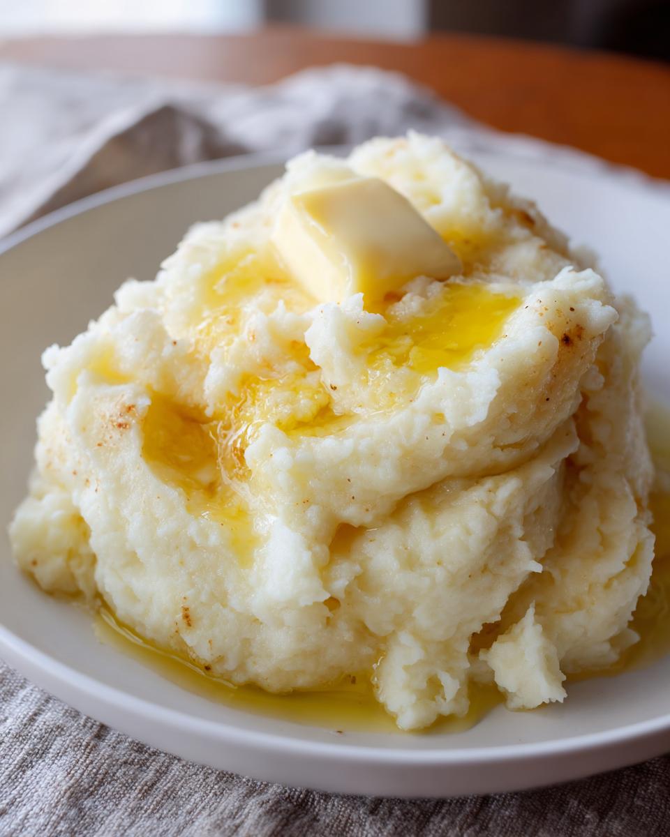 A close-up of fluffy, creamy mashed potatoes topped with a melting pat of butter and seasoned lightly.