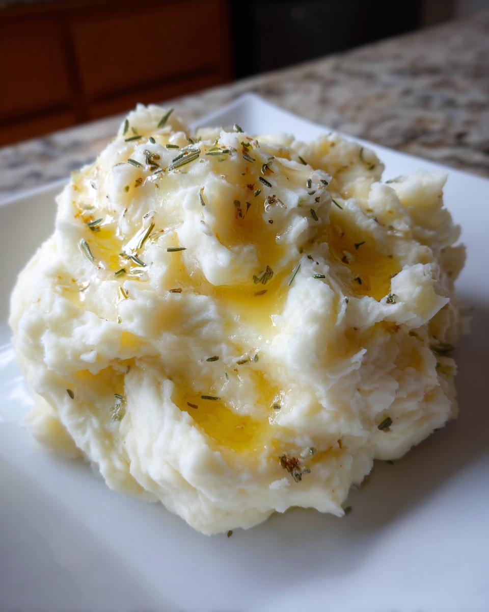A close-up of creamy mashed potatoes drizzled with melted butter and sprinkled with dried herbs like rosemary.