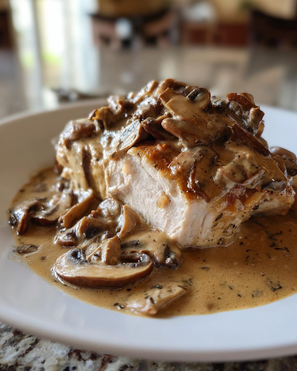 Close-up of a juicy chicken breast topped generously with rich, creamy mushroom sauce.