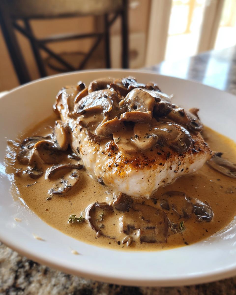A seared chicken breast smothered in rich, creamy mushroom sauce with sliced mushrooms.