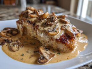 Close-up of a seared protein topped generously with creamy mushroom sauce and sliced mushrooms.