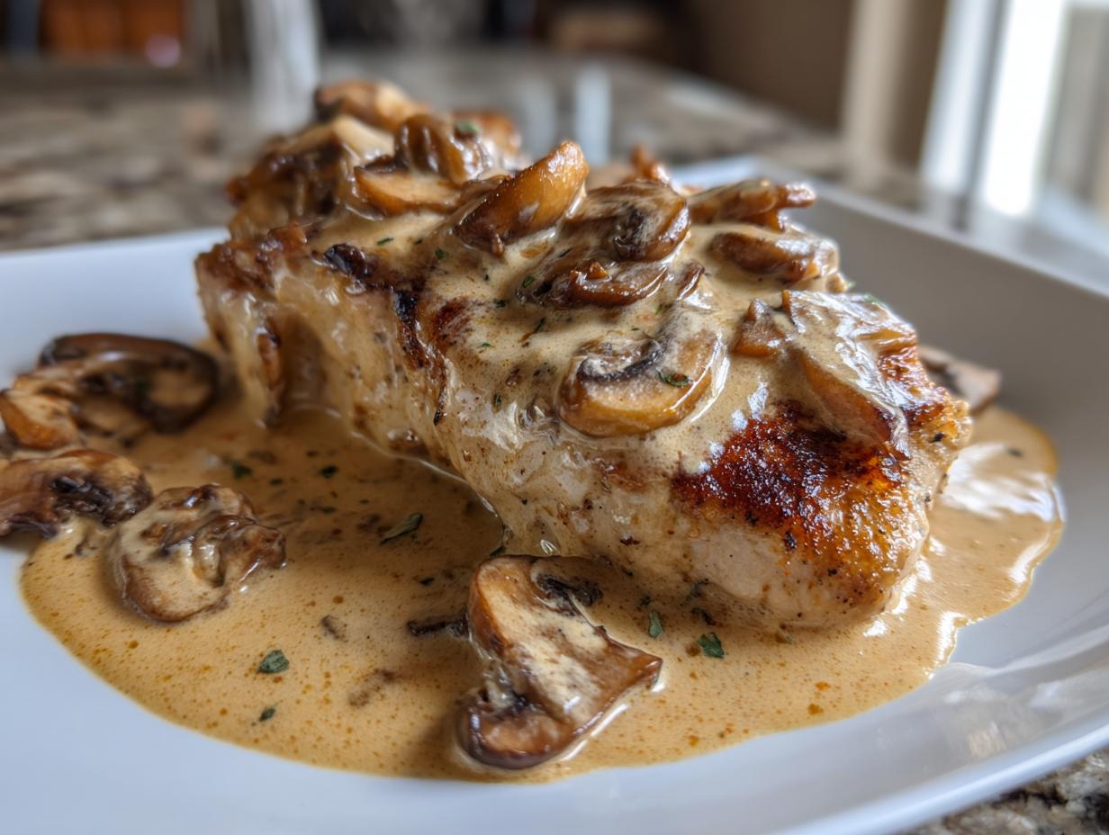 Close-up of a seared protein topped generously with creamy mushroom sauce and sliced mushrooms.