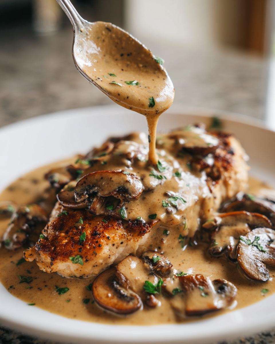 A spoonful of creamy mushroom sauce is being poured over a seared chicken breast topped with sliced mushrooms.