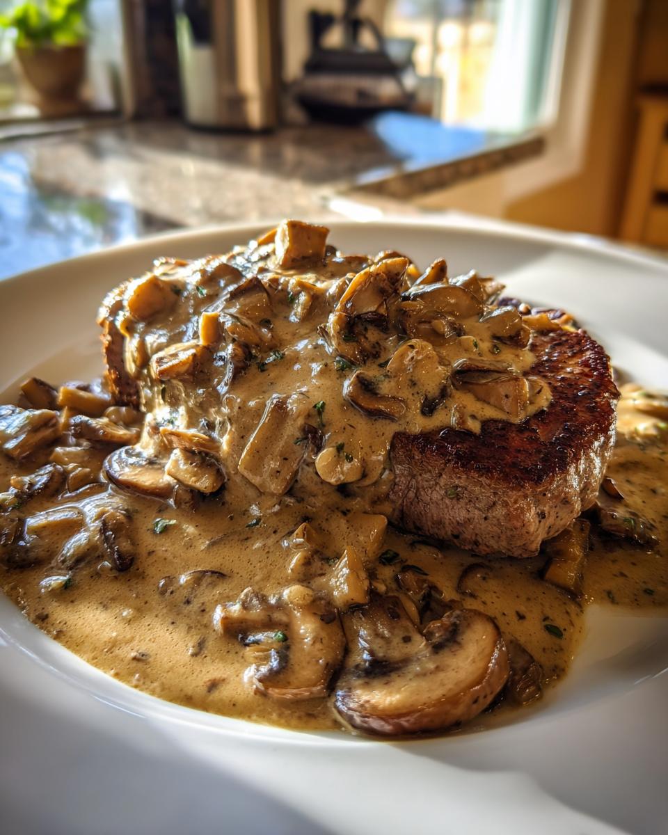 A perfectly cooked steak smothered in rich, creamy mushroom sauce with sliced mushrooms.