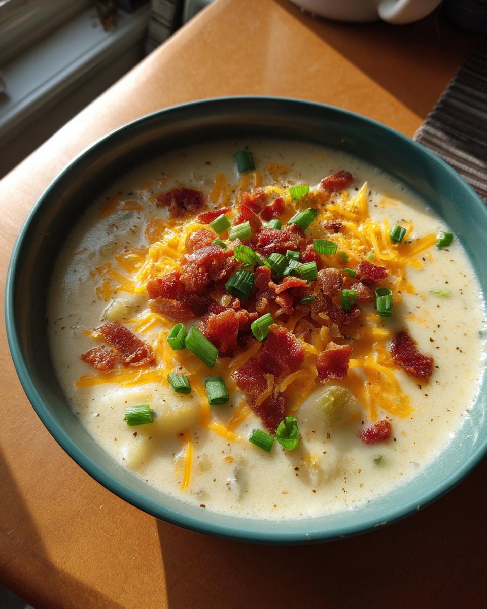 A close-up of a bowl of creamy potato soup recipe, generously topped with shredded cheddar cheese, crispy bacon bits, and chopped green onions.