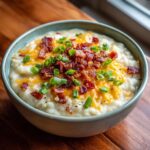 A close-up of a bowl of creamy potato soup recipe topped with melted cheddar cheese, crispy bacon bits, and fresh green onions.
