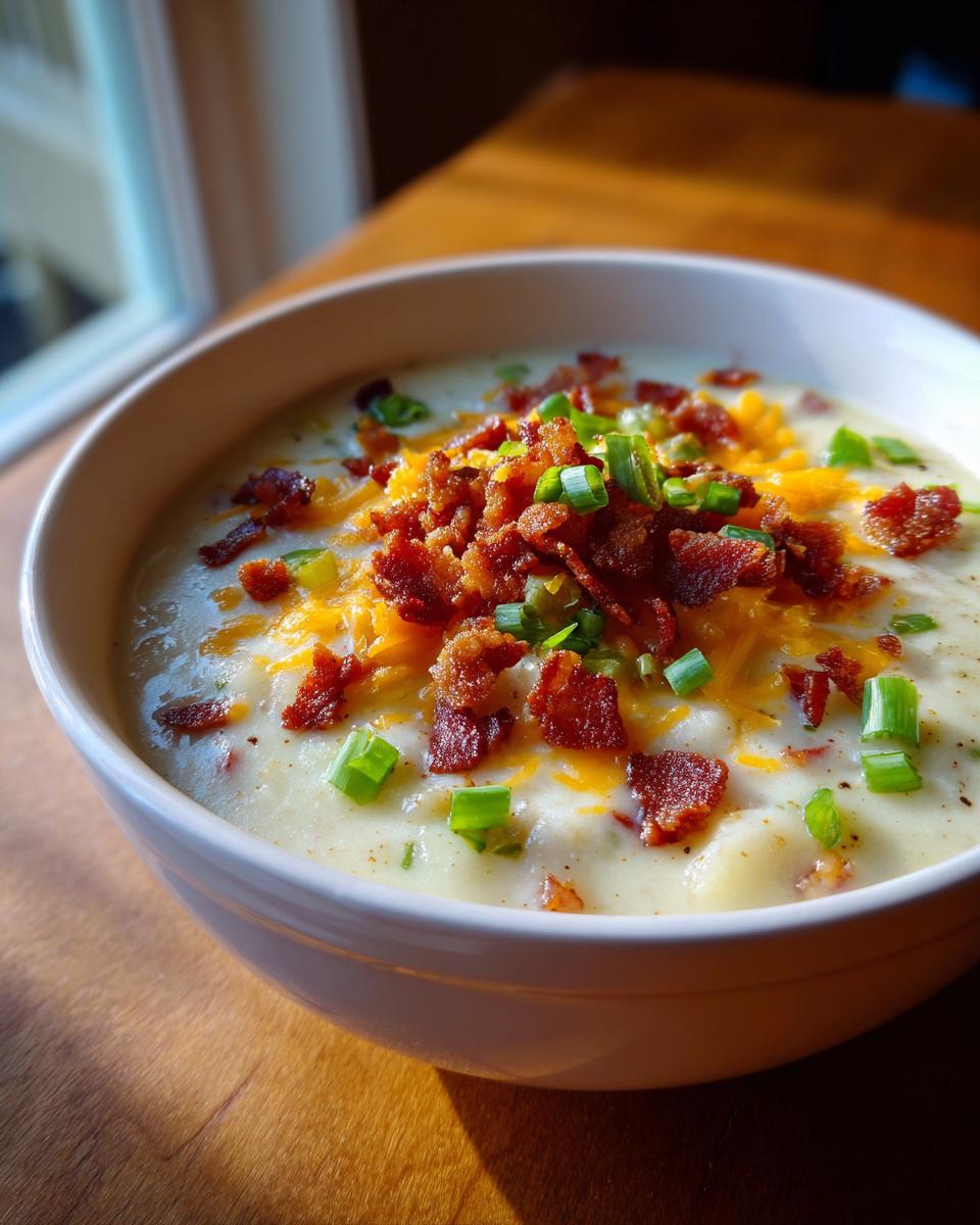 Close-up of a creamy bowl of potato soup recipe topped generously with crumbled bacon, shredded cheddar cheese, and green onions.