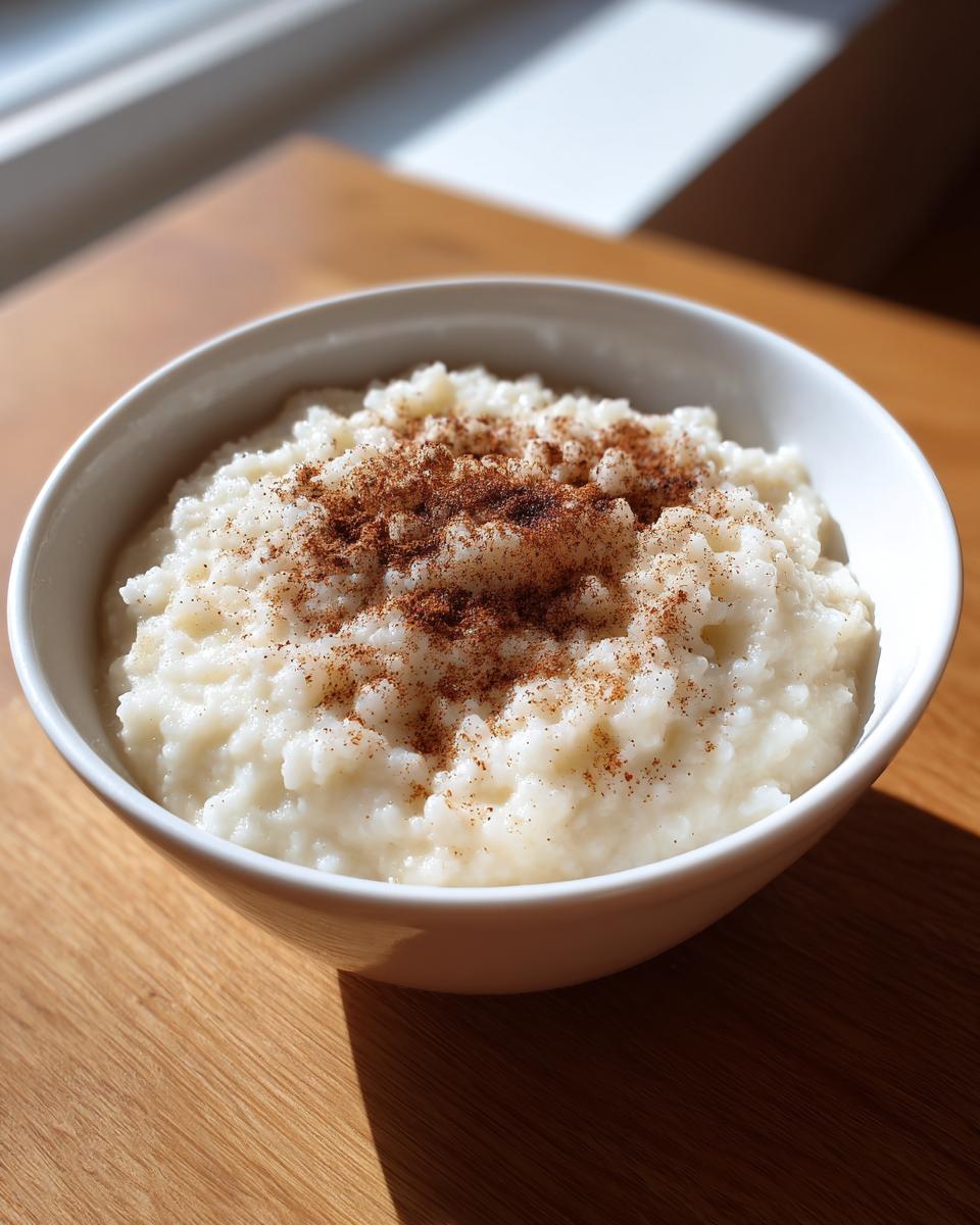A white bowl filled with creamy rice pudding recipe, generously dusted with ground cinnamon.