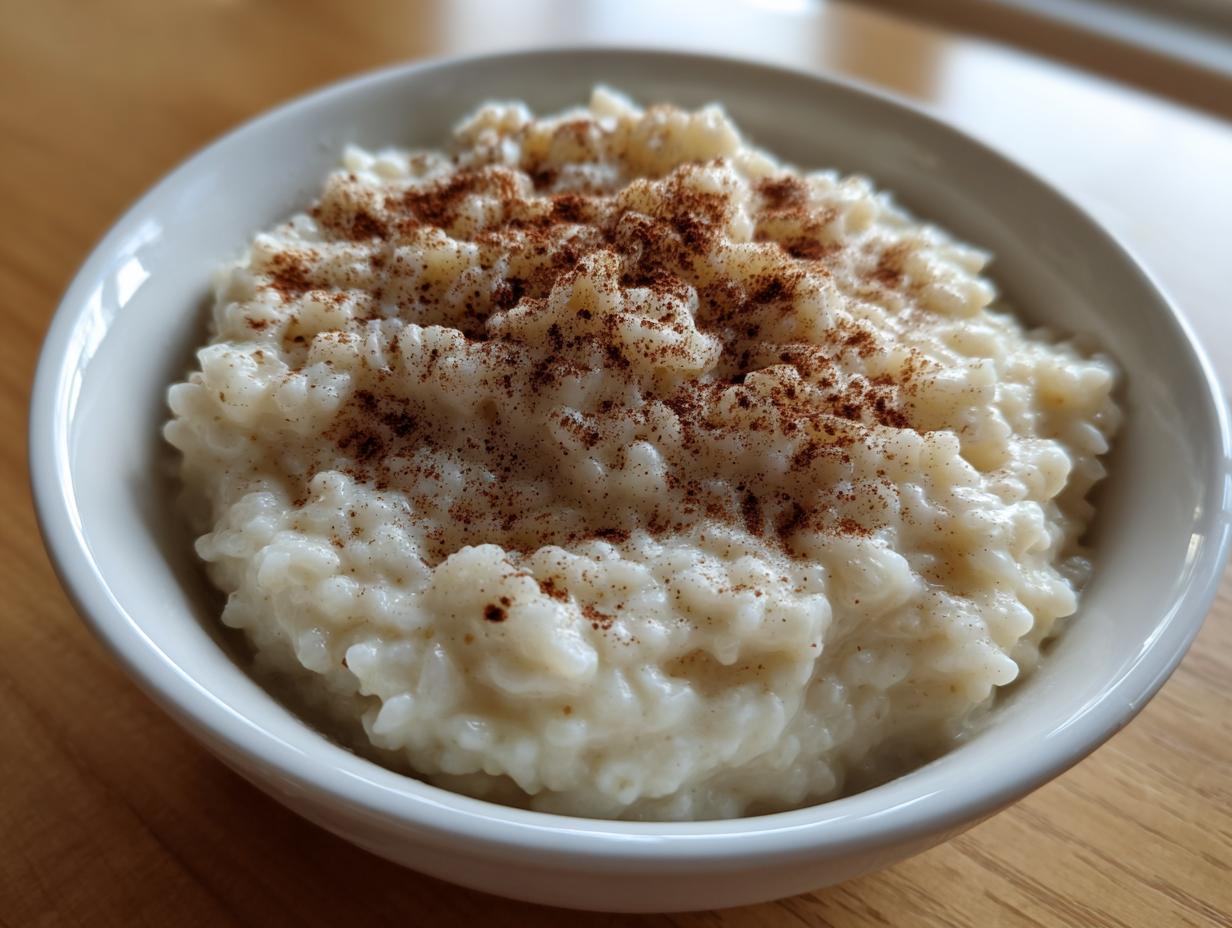 Close-up of a white bowl filled with creamy rice pudding recipe, generously sprinkled with ground cinnamon.