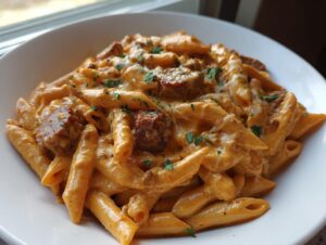 Close-up of a bowl of creamy sausage pasta featuring penne noodles, chunks of browned sausage, and a garnish of fresh parsley.