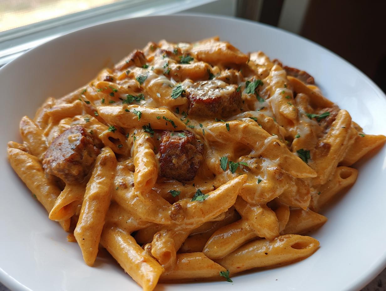 Close-up of a bowl of creamy sausage pasta featuring penne noodles, chunks of browned sausage, and a garnish of fresh parsley.