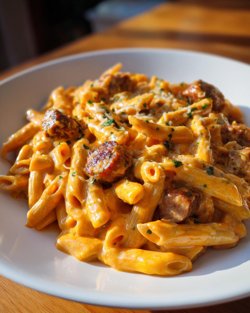 Close-up of creamy sausage pasta, featuring penne coated in orange sauce and chunks of browned sausage.