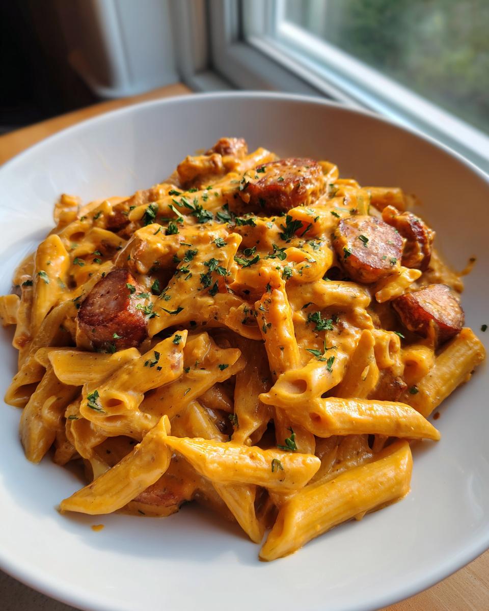 Close-up of creamy sausage pasta made with penne, rich orange sauce, and sliced sausage, garnished with fresh parsley.
