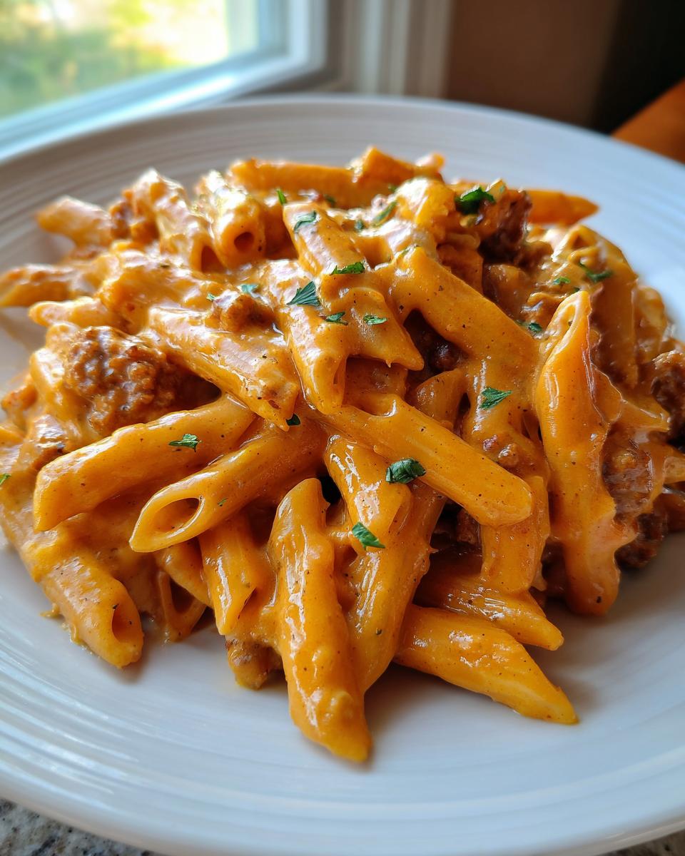 A close-up shot of creamy sausage pasta made with penne, coated in a rich orange sauce and garnished with parsley.