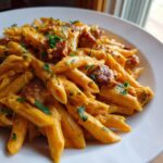 A close-up shot of creamy sausage pasta made with penne, rich orange sauce, chunks of sausage, and fresh parsley.