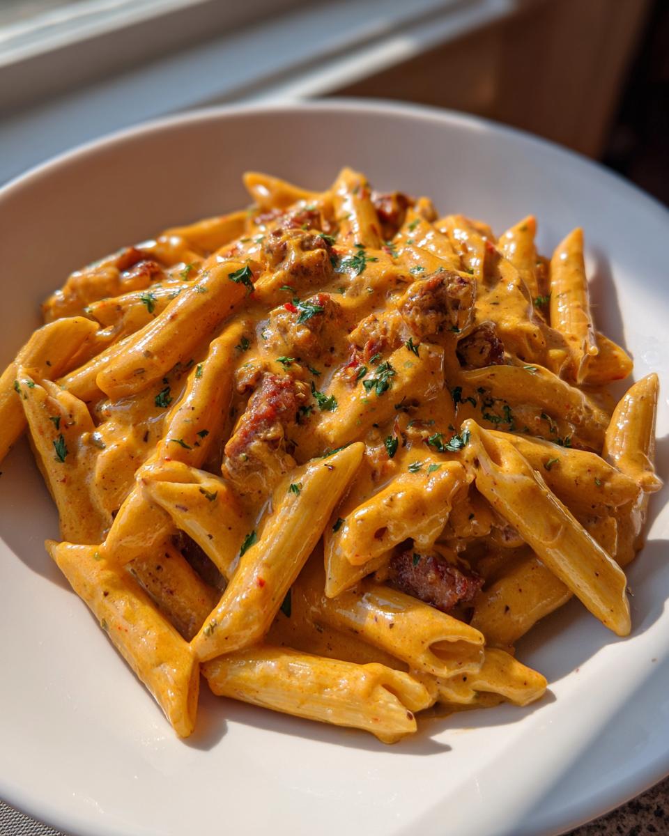Close-up of creamy sausage pasta made with penne noodles coated in a rich orange sauce and topped with herbs.