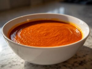 A close-up of thick, vibrant orange creamy tomato soup served in a white bowl on a marble surface.
