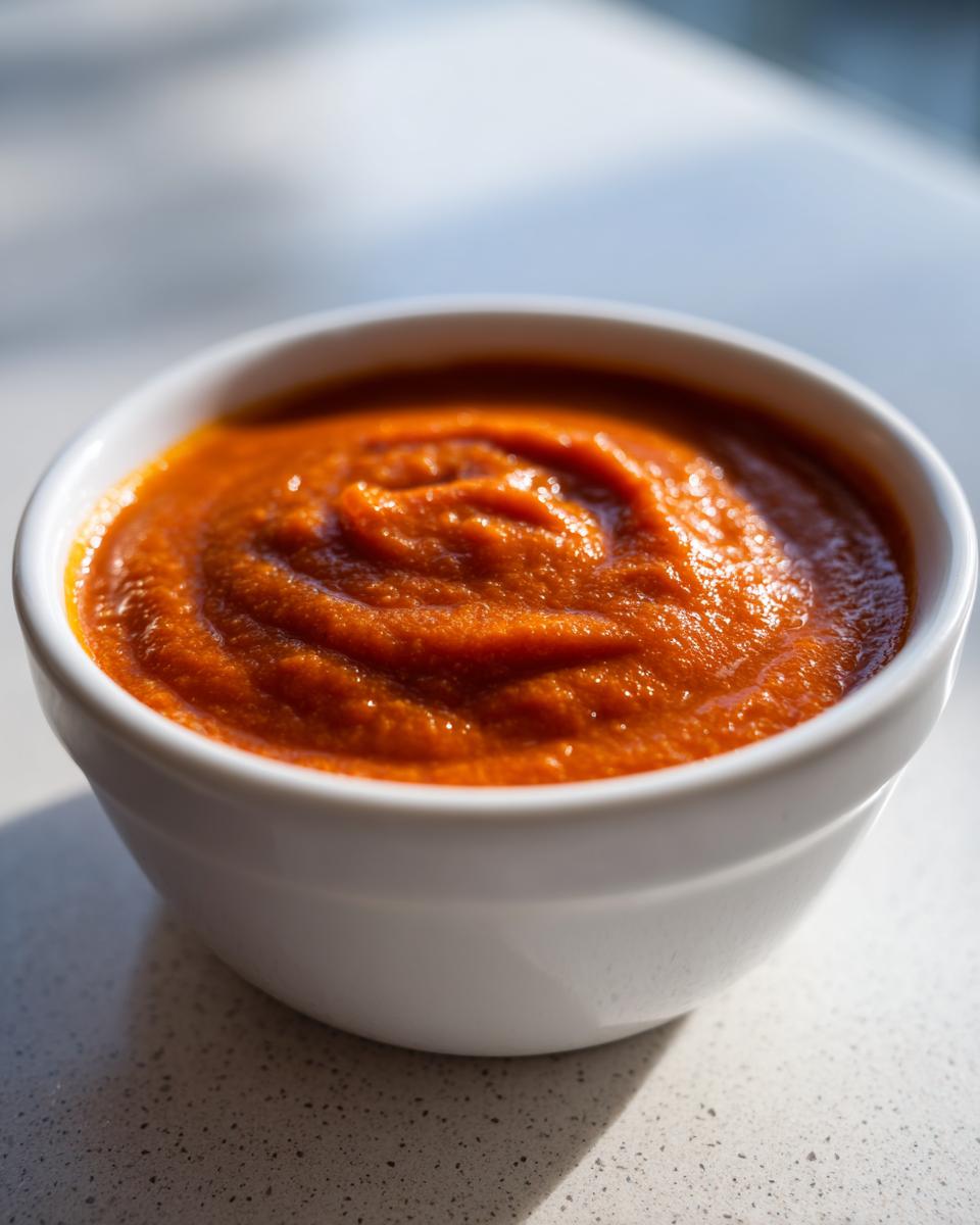 Close-up of a small white bowl filled with thick, rich, orange-red creamy tomato soup.
