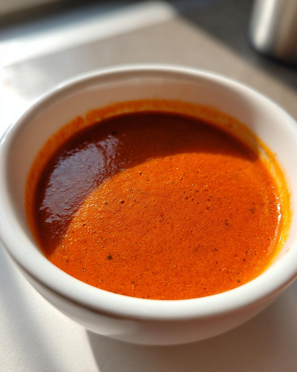 Close-up of a vibrant orange, creamy tomato soup served in a small white bowl.