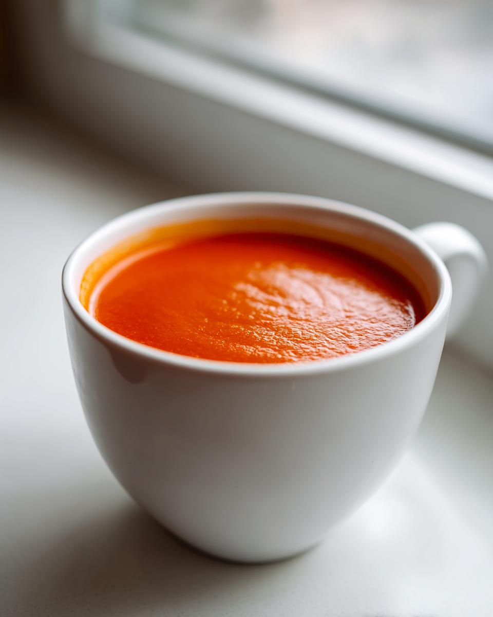 A close-up of vibrant, rich orange creamy tomato soup served in a white mug near a window.