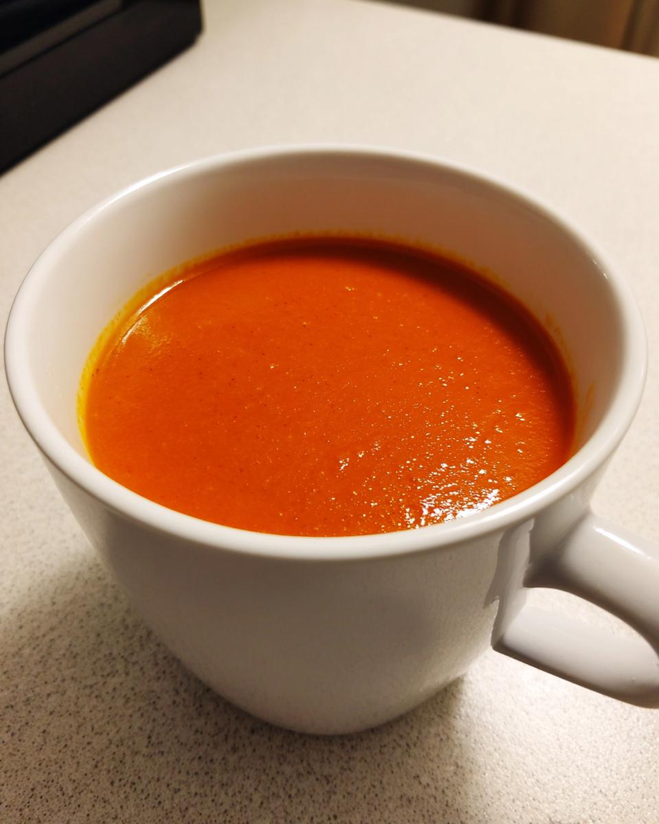 A close-up of a white mug filled with vibrant, smooth, creamy tomato soup.