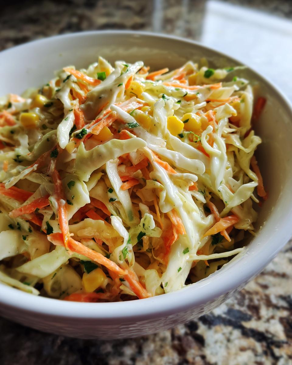 Close-up of a white bowl filled with creamy zesty corn coleslaw, featuring shredded cabbage, carrots, and corn kernels.