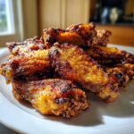 Close-up of crispy, golden-brown air fryer chicken wings piled on a white plate.