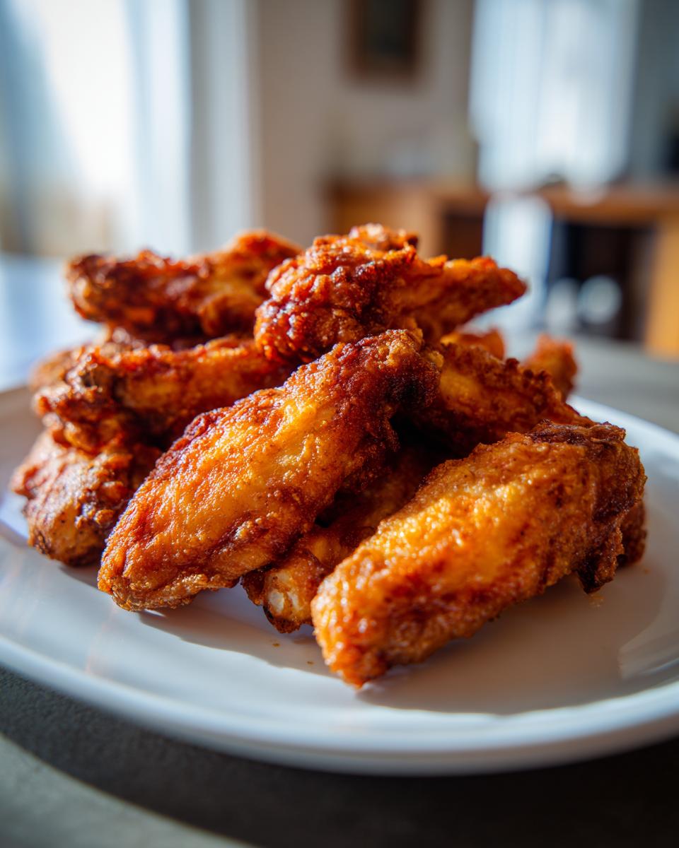 A close-up of a pile of golden brown, crispy air fryer chicken wings on a white plate.