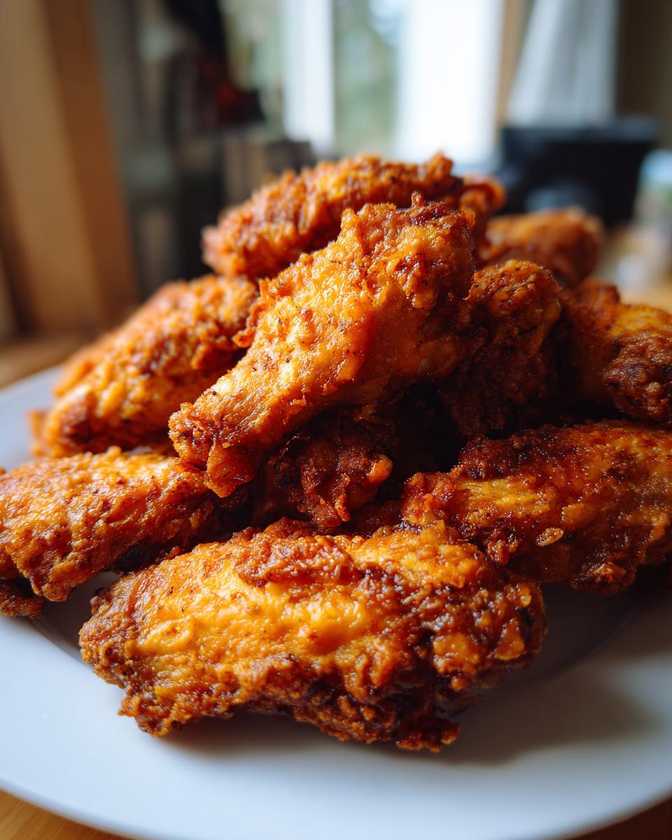 A close-up photo of a pile of golden brown, crispy air fryer chicken wings stacked on a white plate.