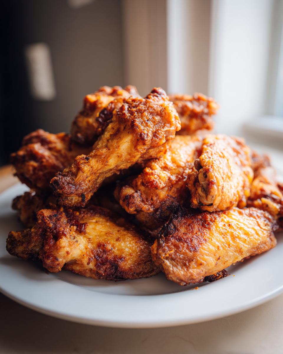 A close-up, appetizing pile of golden brown, crispy air fryer chicken wings stacked on a white plate.
