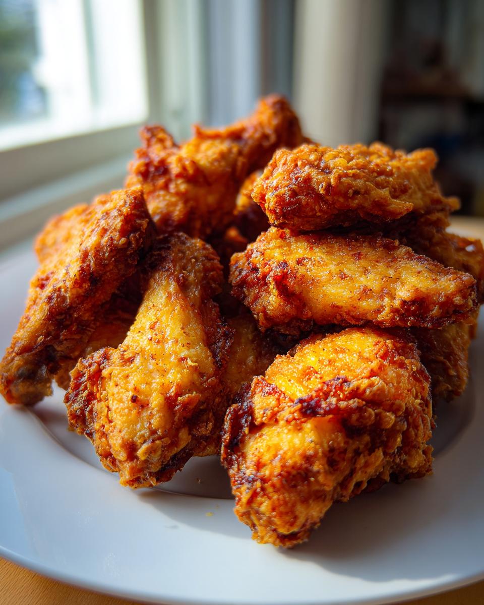A close-up pile of golden brown, crispy air fryer chicken wings stacked on a white plate near a window.