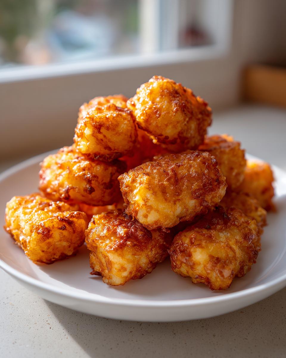 A pile of golden brown, crispy air fryer tater tots stacked on a small white plate.