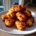 A close-up pile of golden brown, crispy air fryer tater tots stacked on a white plate.
