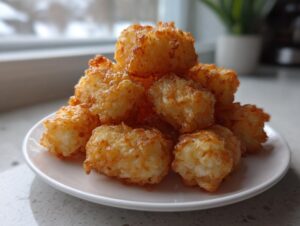 A close-up of a pile of golden brown, crispy air fryer tater tots served on a small white plate.
