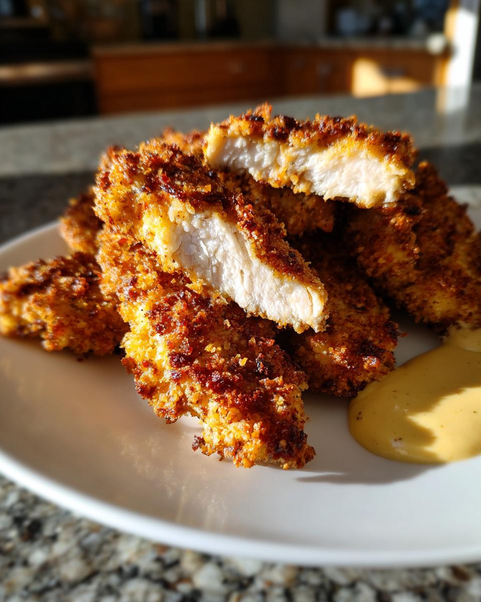 Close-up of perfectly cooked, crispy chicken tenders, one cut open to show juicy white meat inside, served with a side of honey mustard.