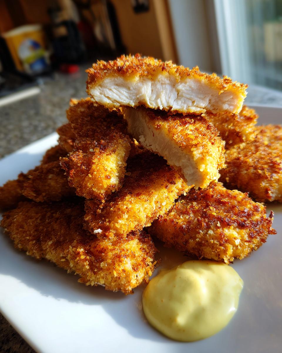 A stack of golden, crispy chicken tenders, with one piece cut in half showing the juicy white meat inside. Served with a side of mustard.
