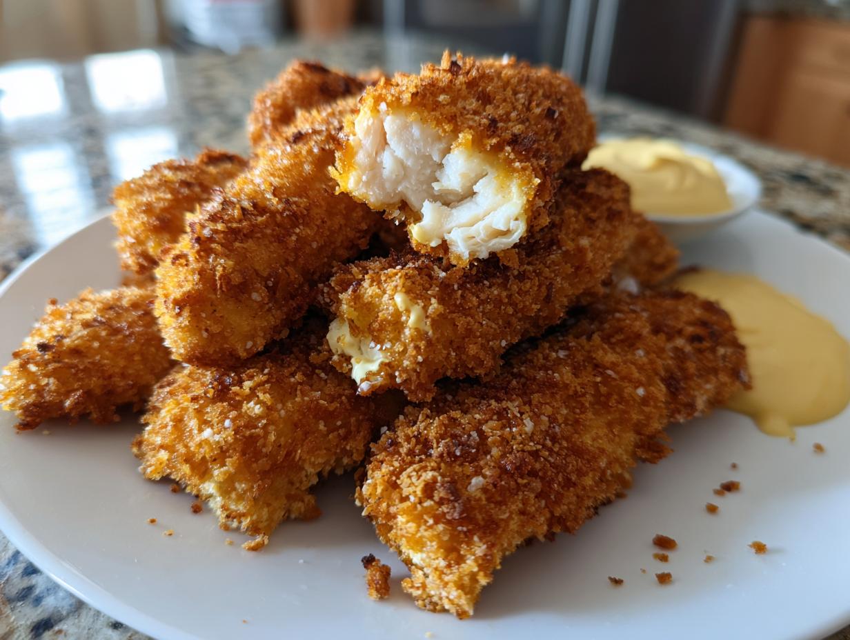 A pile of golden brown, crispy chicken tenders on a white plate, one is broken open showing the white meat inside.